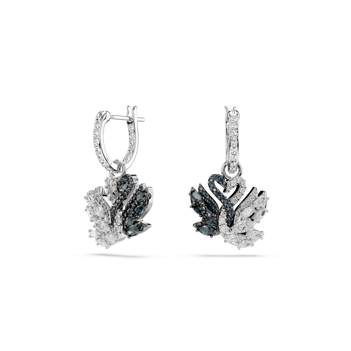 Swarovski Swan drop earrings by Swarovski, rhodium plated for a brilliant finish, feature sparkling white and black gemstones in an elegant swan design, beautifully displayed on a white background.