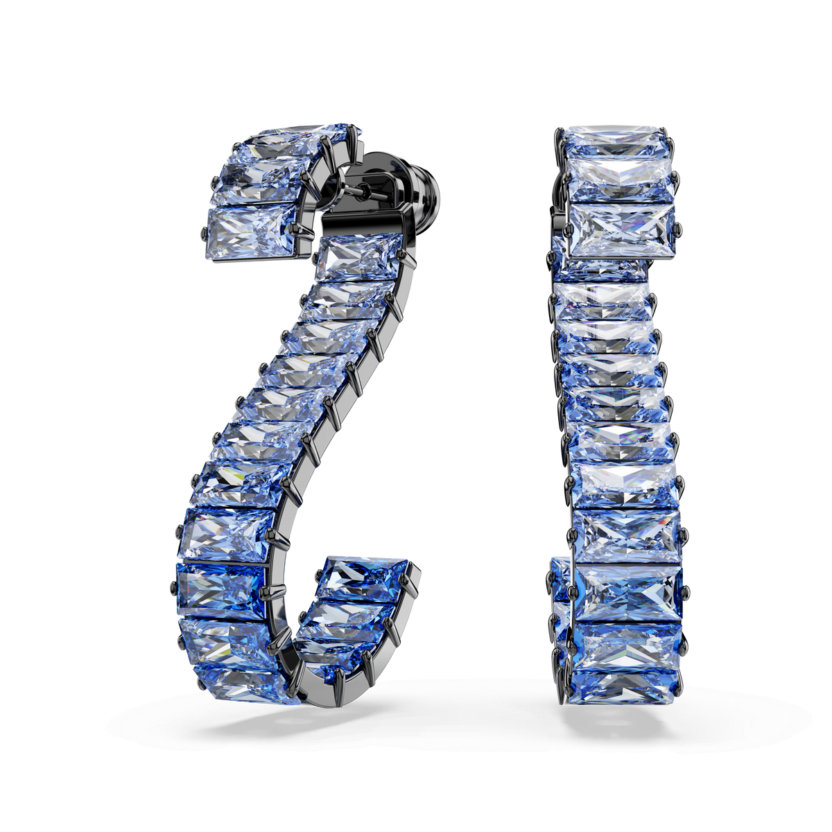 A pair of Swarovski Matrix Drop Earrings by Swarovski, featuring baguette-cut blue gemstones set in ruthenium-plated metal, displayed against a white background.