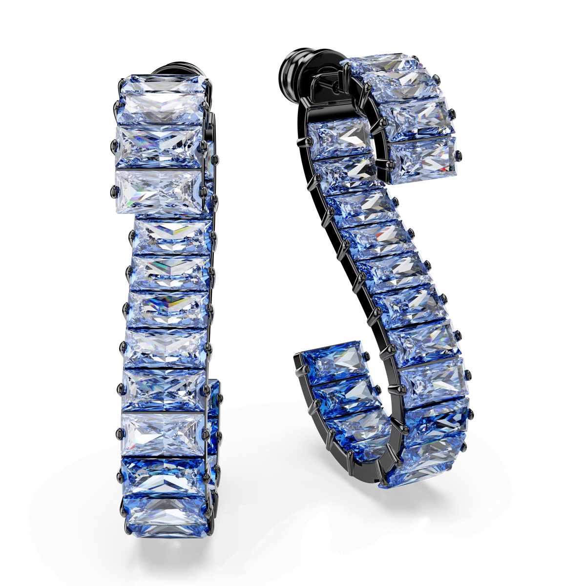 Displayed on a white background, the Swarovski Matrix Drop Earrings, Baguette Cut, Ruthenium Plated feature two striking earrings shaped like the numbers “1” and “5.” Each piece is adorned with baguette cut blue and clear gemstones set in a sleek black ruthenium-plated frame. These statement earrings from Swarovski Canada exude refined sparkle and are perfect for those who appreciate distinctive style and elegance reminiscent of the iconic Swarovski brand.