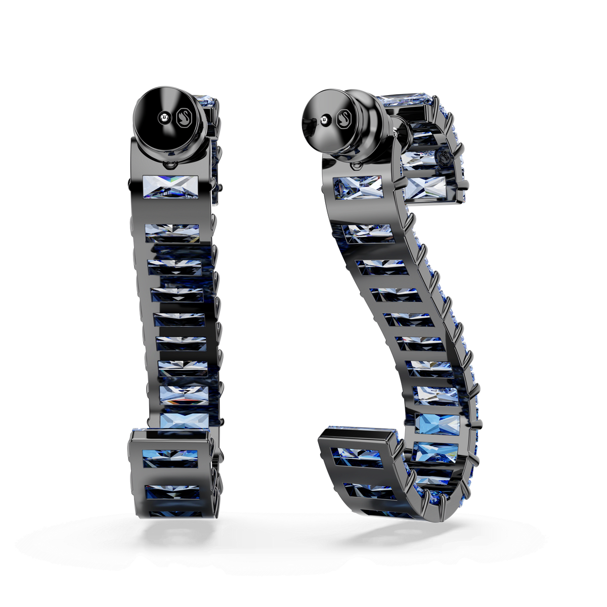 A pair of Swarovski Matrix Drop Earrings, featuring baguette-cut rectangular blue gemstones set in ruthenium plating, displayed against a white background.