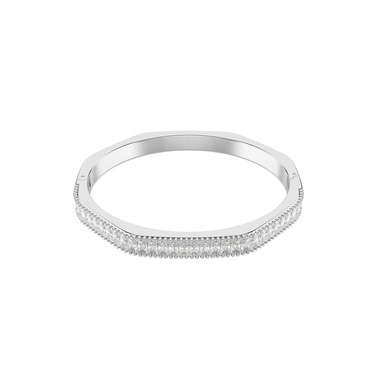 A Swarovski Matrix bangle featuring an octagon shape with baguette-cut white stones and a rhodium-plated finish, displayed on a white background.