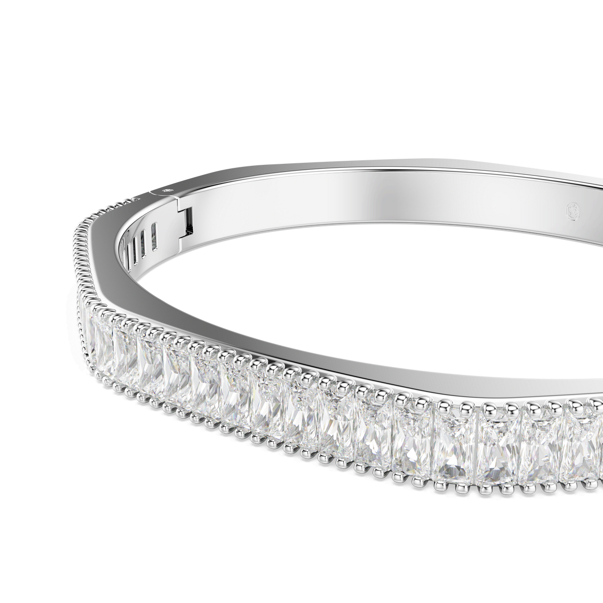 A close-up of the Swarovski Matrix bangle, featuring baguette-cut, octagon-shaped white stones set in a rhodium-plated finish, displayed against a plain white background.