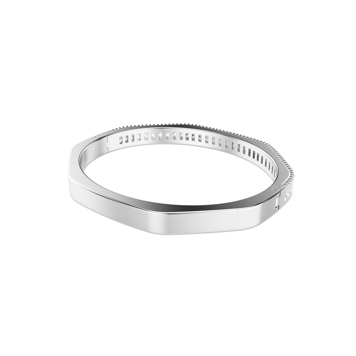 The Swarovski Matrix bangle features baguette-cut stones in an octagon shape with a rhodium-plated finish, presented on a white background.