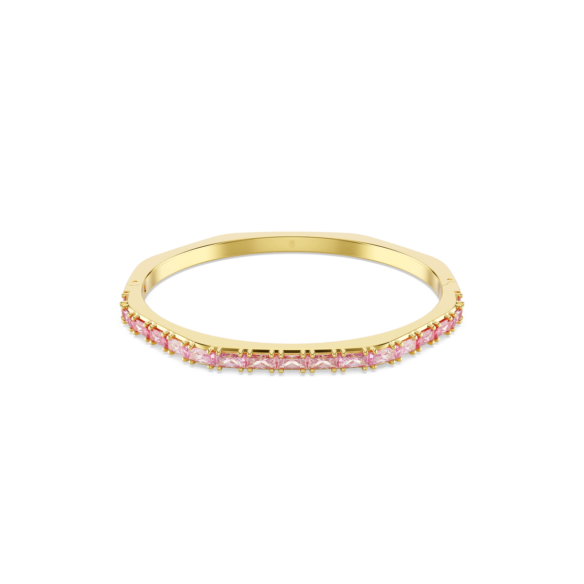 The Swarovski Matrix bangle showcases a slender gold-tone plated band adorned with a row of pink baguette-cut crystals along the front, offering a delicate and elegant design against a plain white background.