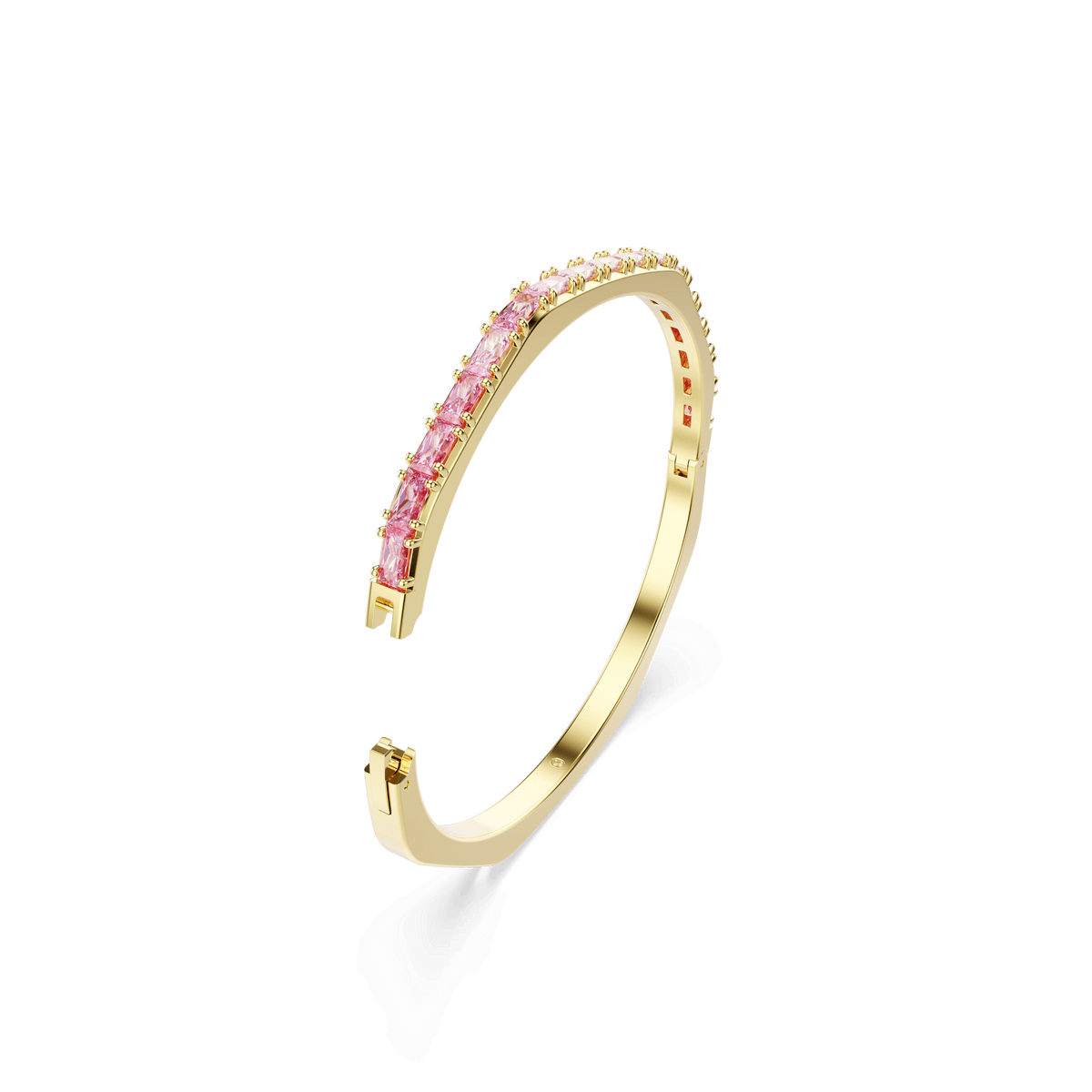 Showcased on a plain white background, the Swarovski Matrix bangle features baguette-cut pink stones set along the top of its elegant gold-tone plated open design.