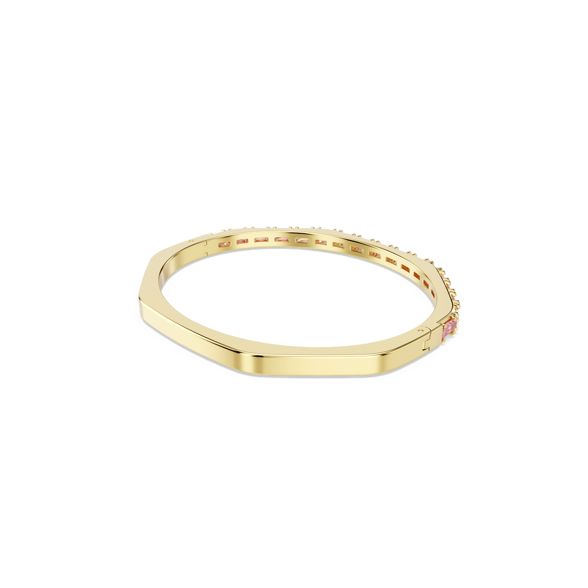 A slim, geometric gold-tone plated Swarovski Matrix bangle with a flat edge, featuring small pink and clear baguette-cut stones set along part of the band, displayed on a white background—a chic accessory from Swarovski.
