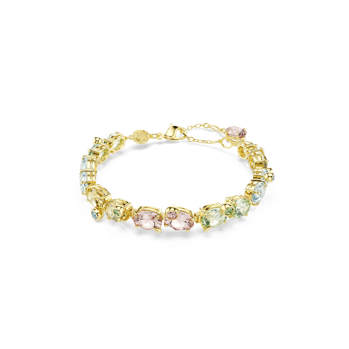 Swarovski Gema bracelet: This elegant bracelet by Swarovski features mixed-cut, multicolored crystals—including pink, blue, and green stones—in oval and round shapes. Displayed on a white background, the design is finished with an adjustable clasp and chain in a luxurious 18K gold finish.