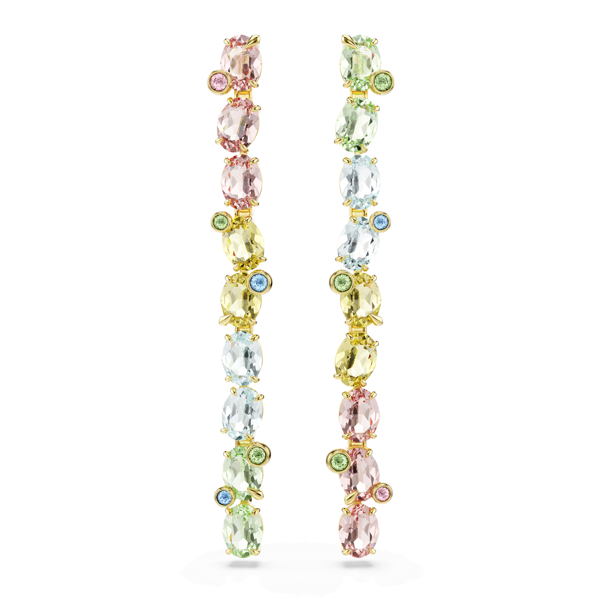 Introducing the Swarovski Gema drop earrings, featuring an asymmetrical design with mixed cuts and long, multicoloured gemstones—including shades of pink, yellow, green, and blue—elegantly set in gold-tone plating. These vibrant earrings create a dynamic pattern of alternating colours and shapes for a bold yet sophisticated look. Explore this dazzling statement style from Swarovski Canada.