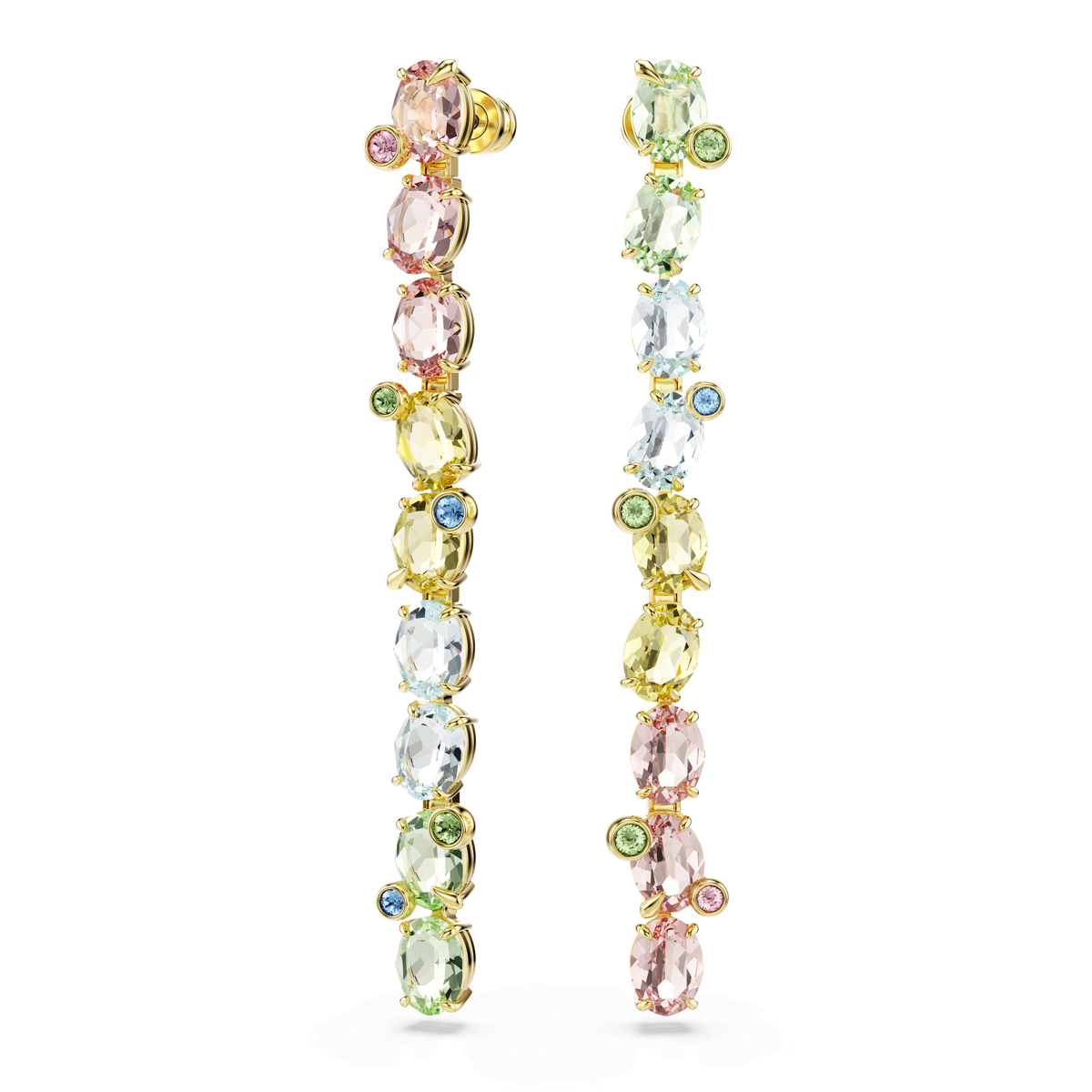 The Swarovski Gema drop earrings feature an asymmetrical design with mixed-cut, multicoloured gemstones set vertically along a long, gold-tone plated silhouette. Showcasing pastel hues of pink, blue, green, and yellow against a white background, these elegant drop earrings add vibrant color and signature Swarovski brilliance to any look.