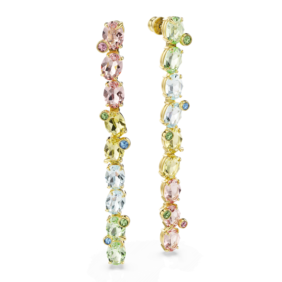 Experience the playful elegance of the Swarovski Gema drop earrings—an asymmetrical, gold-tone plated pair featuring a long vertical line of oval and round pastel gemstones in pink, green, yellow, and blue mixed cuts. Beautifully presented on a white background, these multicoloured earrings effortlessly reflect Swarovski’s signature style.