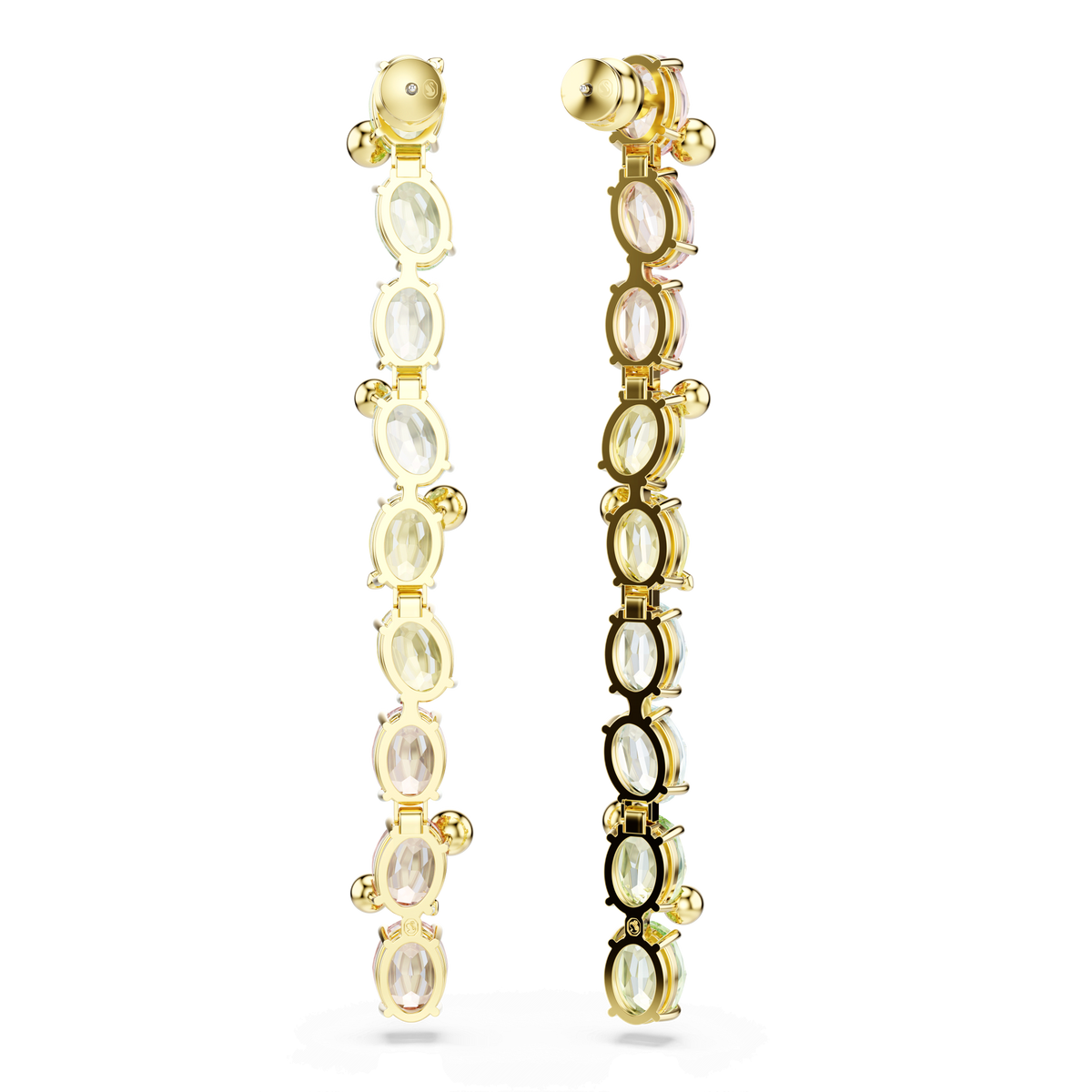 Two long, gold-tone plated earrings from Swarovski feature an asymmetrical design with mixed cuts and multicoloured gemstones arranged vertically, each stone set in a gold bezel and accented with delicate gold beads. Reminiscent of the refined style of Swarovski Gema drop earrings, these statement pieces are presented against a plain white background.