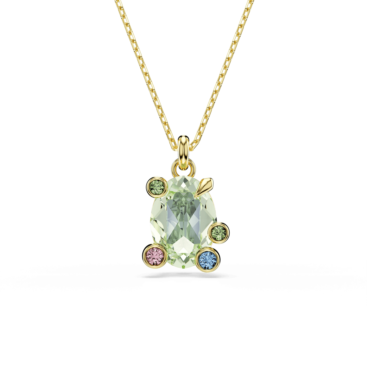 Introducing the Swarovski Gema pendant: a stunning gold-tone plated necklace featuring an oval pale green gemstone at its center, accented with mixed cuts of Swarovski crystals in pink, blue, and green. Each stone is set in elegant gold bezels against a white background, creating a vibrant display of multicolored brilliance. This exquisite piece from Swarovski Canada beautifully showcases the artistry of multicolored jewelry and makes a dazzling addition to any collection.