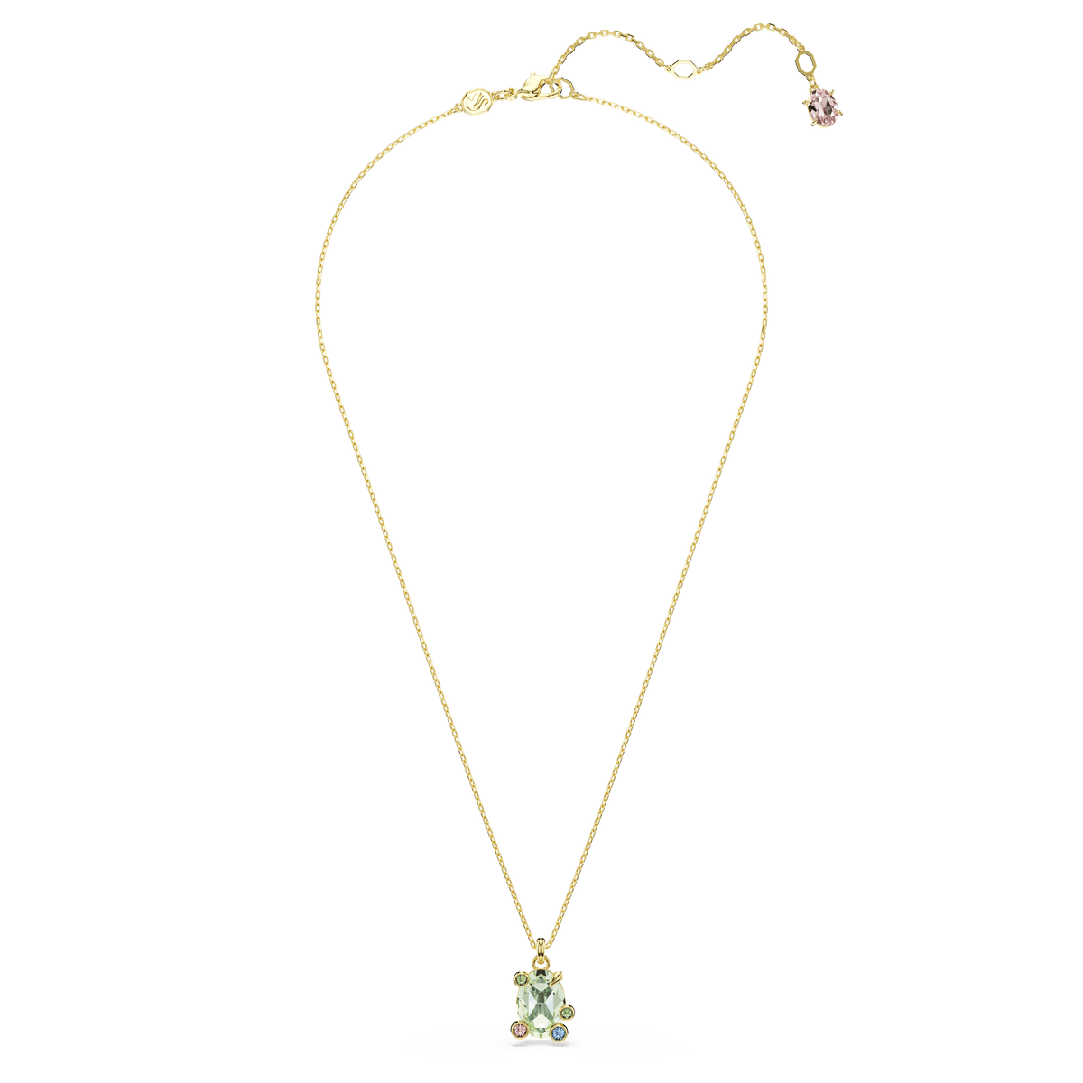 Introducing the Swarovski Gema pendant: a stunning gold-tone plated necklace adorned with a light green centerpiece and three sparkling smaller gemstones in pink, blue, and green. Expertly crafted by Swarovski, this multicolored jewelry features mixed-cut crystals and an adjustable clasp finished with a charming pink gem, epitomizing sophisticated Canadian-inspired elegance.