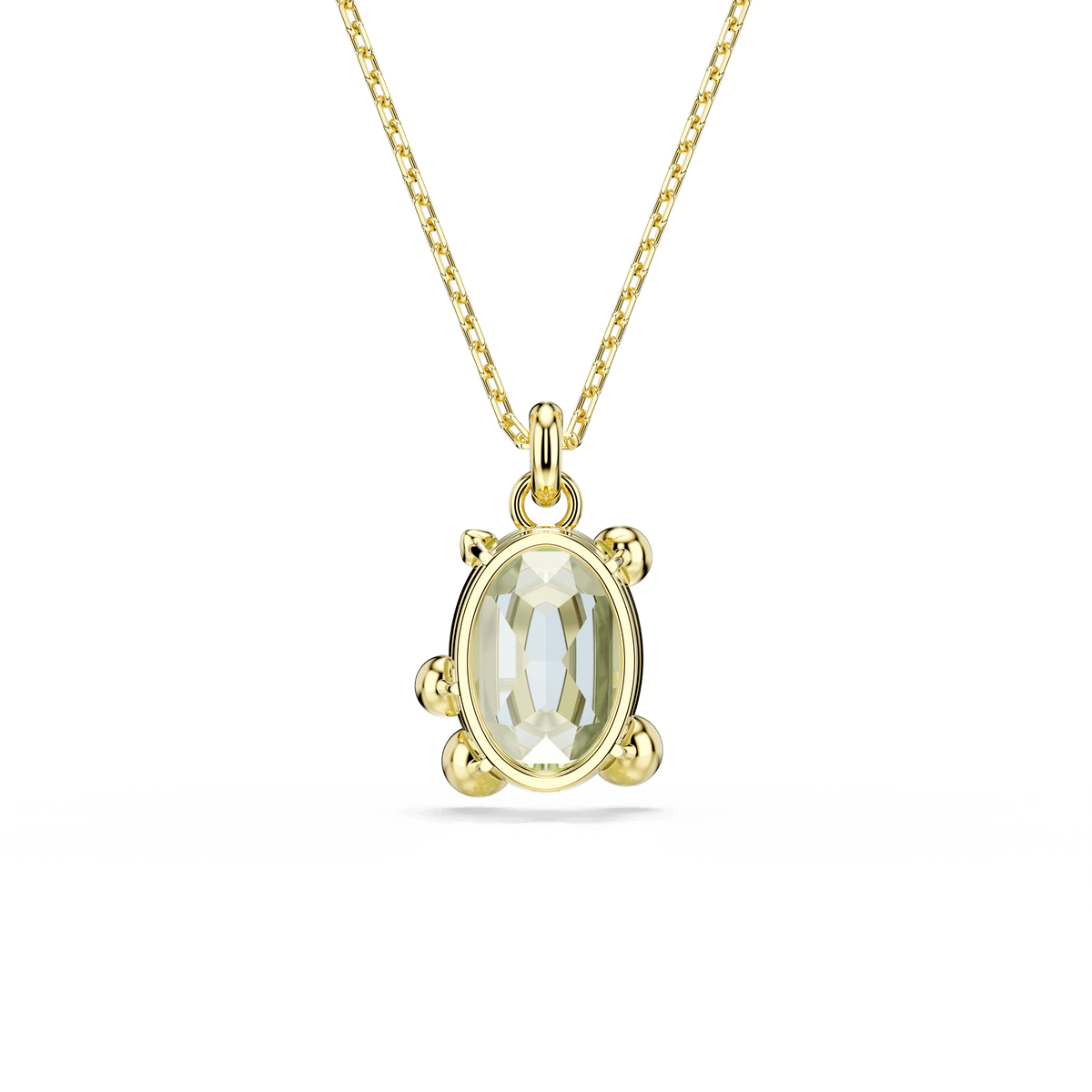 The Swarovski Gema pendant is a gold-tone plated necklace featuring multicolored, mixed-cut gemstones arranged in a charming turtle-shaped design, elegantly presented against a white background.