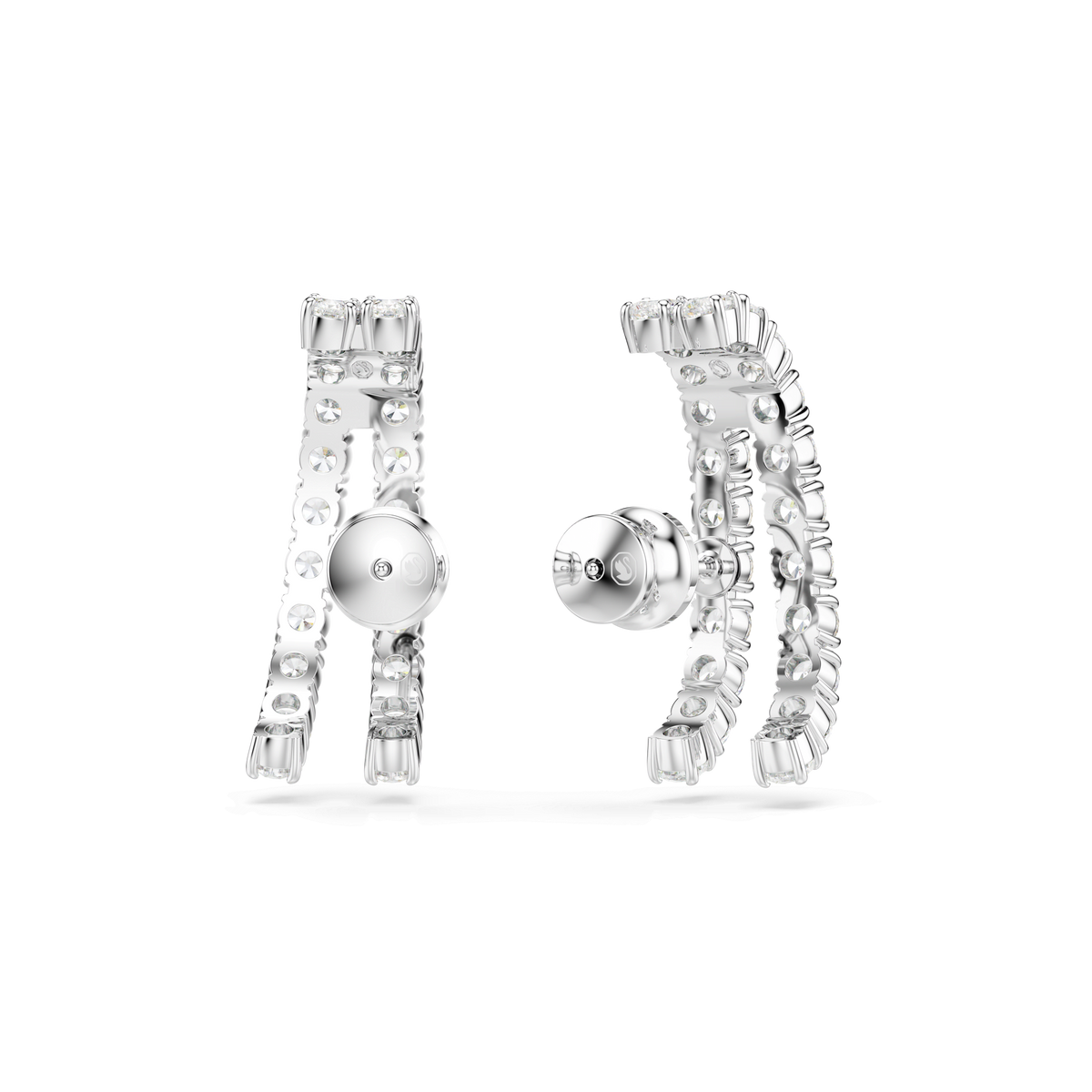 A pair of Swarovski Matrix ear cuffs featuring two curved rows of clear, rectangular and round gemstones, elegantly displayed on a plain white background.