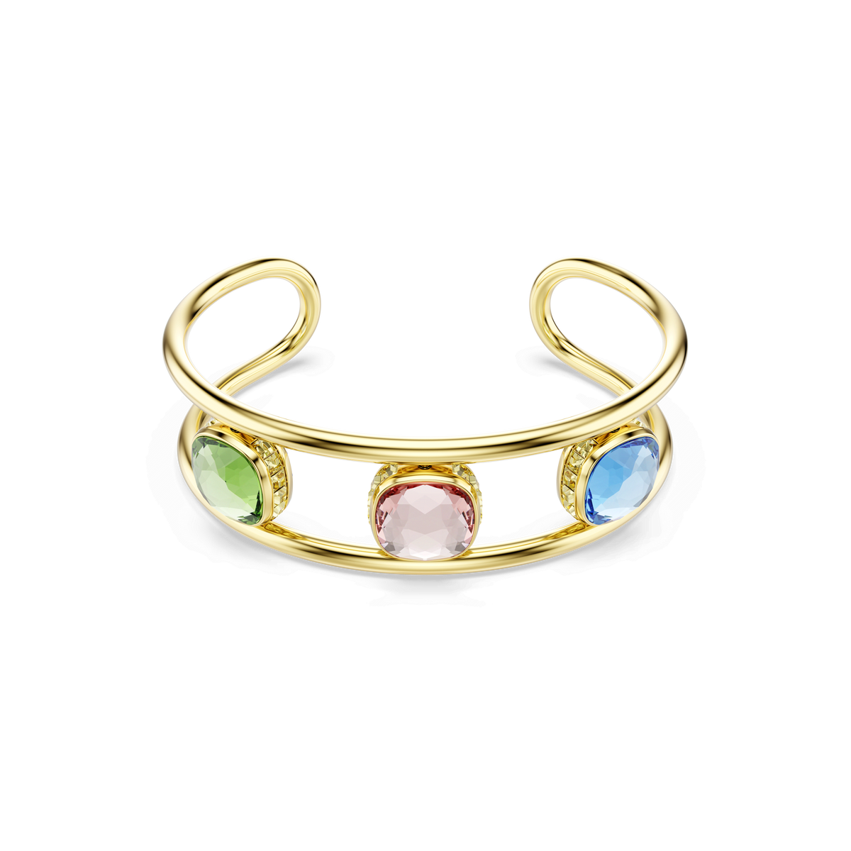 A gold-tone plated open cuff bracelet by Swarovski, named the Chroma cuff, featuring striking cushion-cut green gemstones set at the center against a white background.