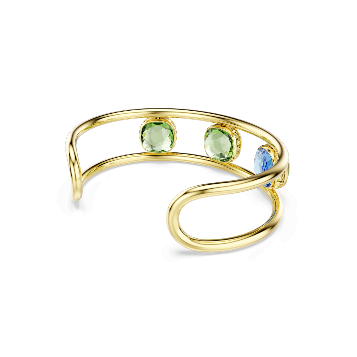 The Swarovski Chroma cuff, crafted with cushion cut green stones and finished in a gold-tone plating, showcases exquisite Swarovski craftsmanship and is displayed on a white background.