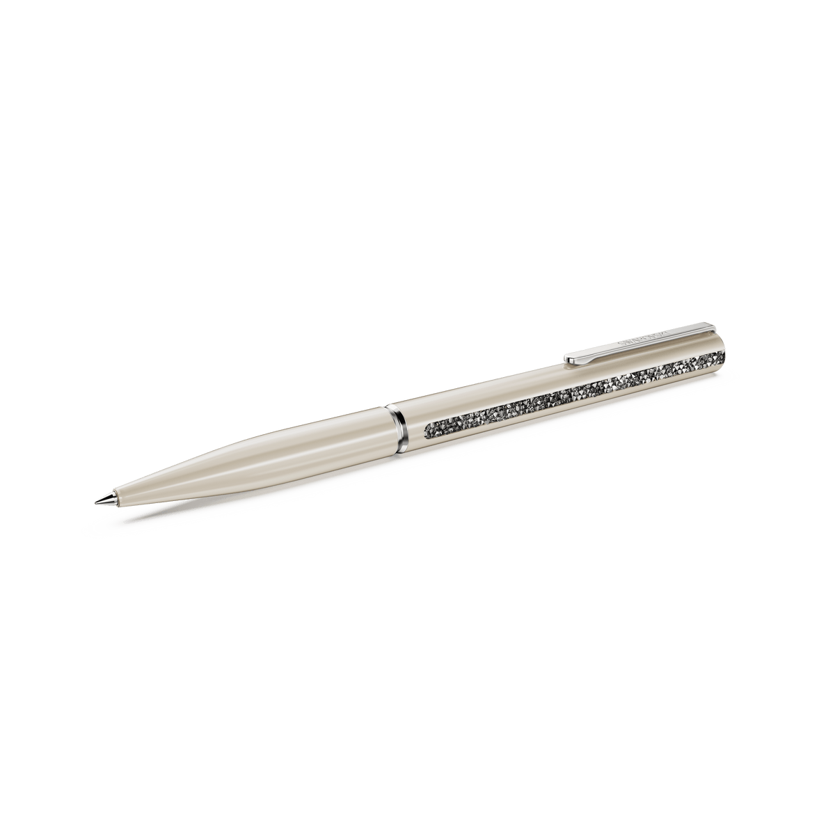 The Swarovski Shimmer Glide Ballpoint Pen Beige features a shiny metallic clip and decorative crystals embedded along the upper barrel, elegantly presented on a white background. This refined writing accessory is offered by Raffi Jewellers, an authorized retailer of Swarovski Canada.