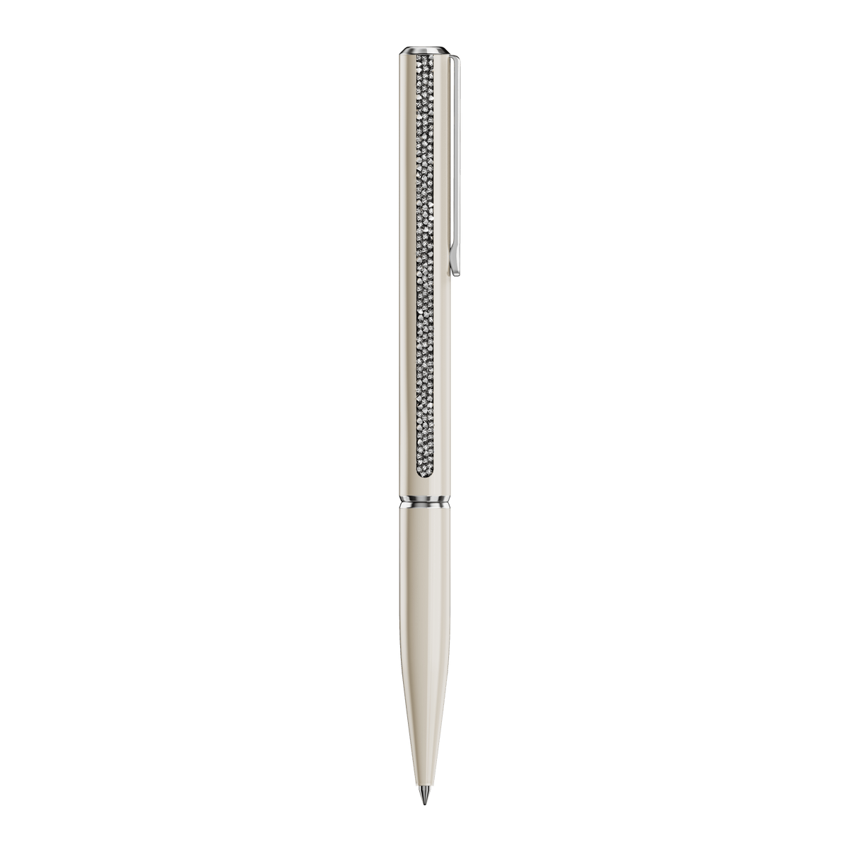 The Swarovski Shimmer Glide Ballpoint Pen in Beige features a patterned grip and a clip, displayed vertically against a plain white background. Available at Raffi Jewellers, an authorized retailer of Swarovski Canada.