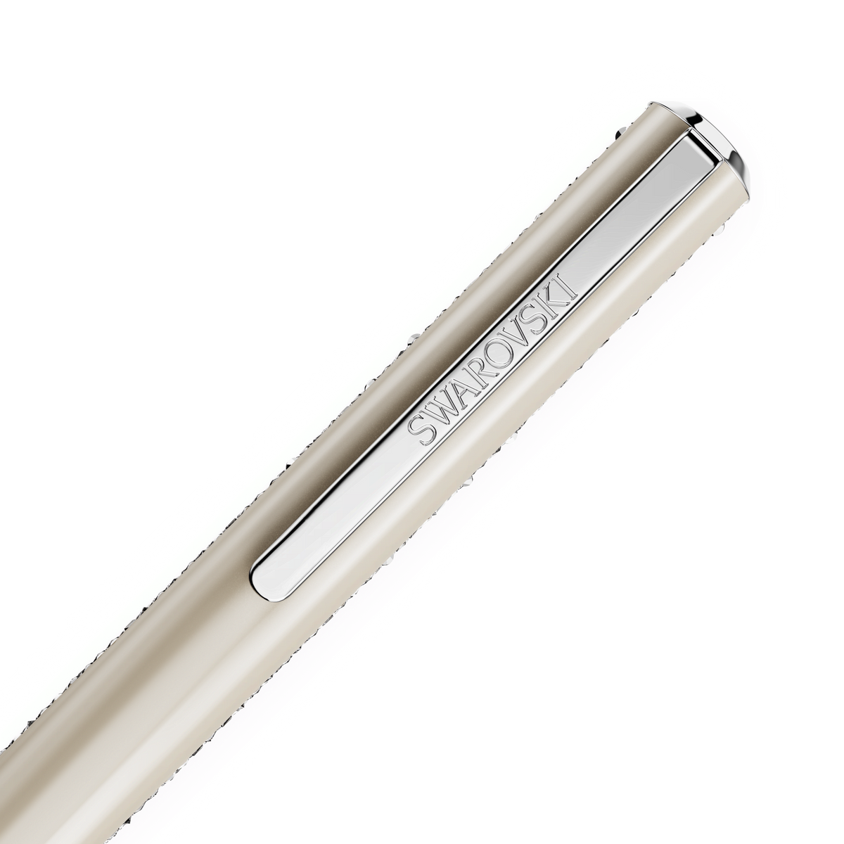 A close-up of the Swarovski Shimmer Glide Ballpoint Pen in beige, featuring a silver clip engraved with “Swarovski,” available at Raffi Jewellers, set against a white background.