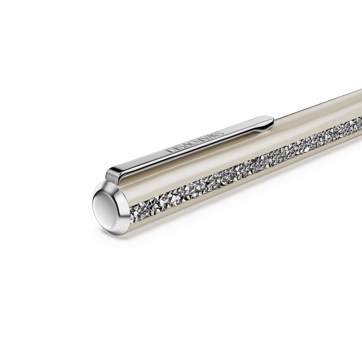 A close-up view of the Swarovski Shimmer Glide Ballpoint Pen in beige, featuring a metallic finish, a silver clip, and a band of sparkling crystals embedded along its side, set against a white background—a luxurious accessory from Swarovski.