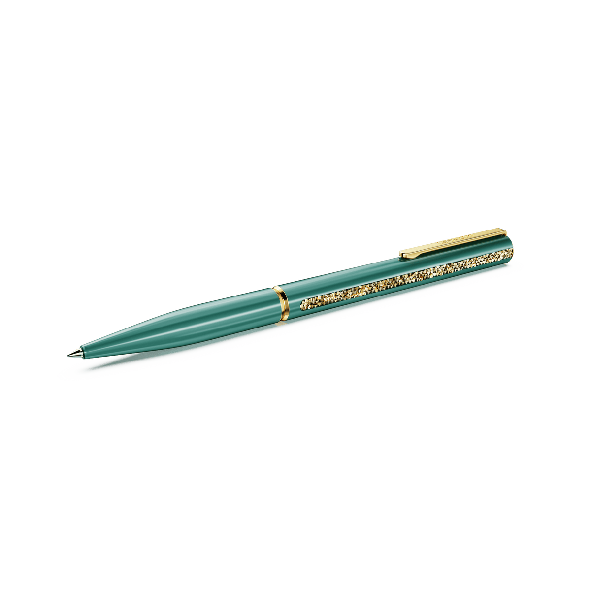The Swarovski Shimmer Glide Ballpoint Pen in green, adorned with gold crystals and elegant gold accents, reminiscent of the luxurious designs at Raffi Jewellers, is displayed against a white background.