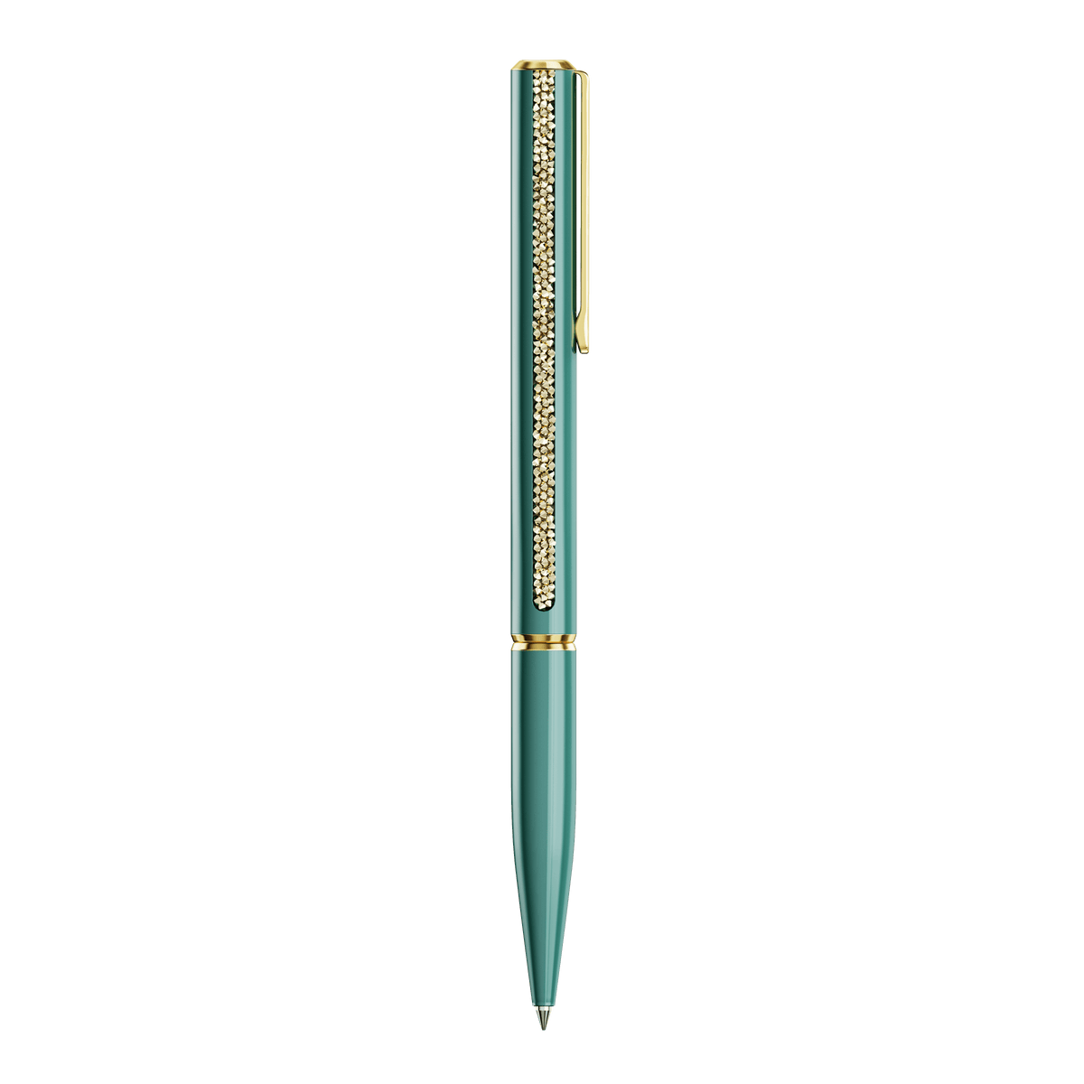 The Swarovski Shimmer Glide Ballpoint Pen in green features gold accents and a row of sparkling gold crystals along the clip, displayed against a white background. Available at Raffi Jewellers.