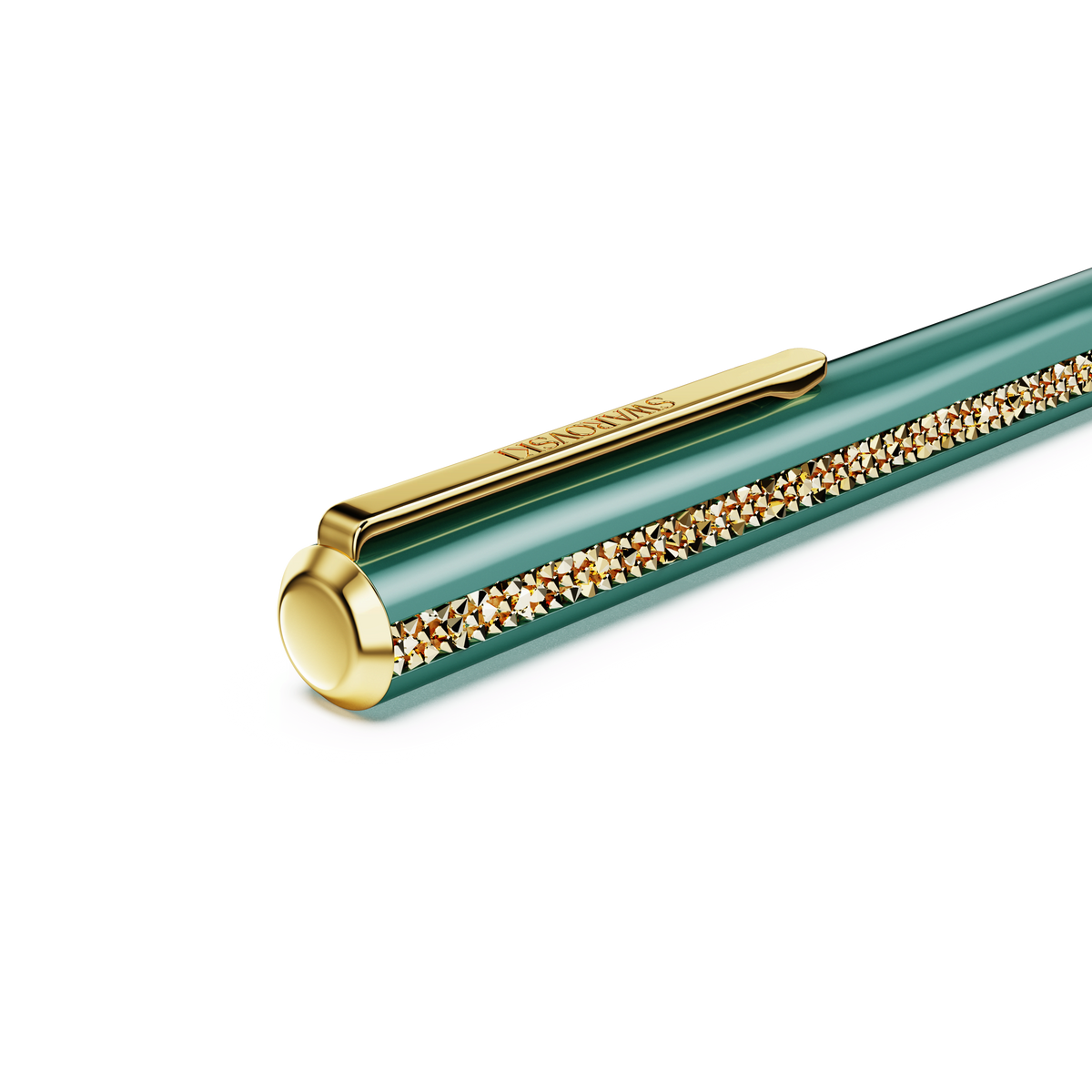A close-up of the Swarovski Shimmer Glide Ballpoint Pen in green, featuring a gold clip and decorative gold crystals along the barrel, set against a white background.