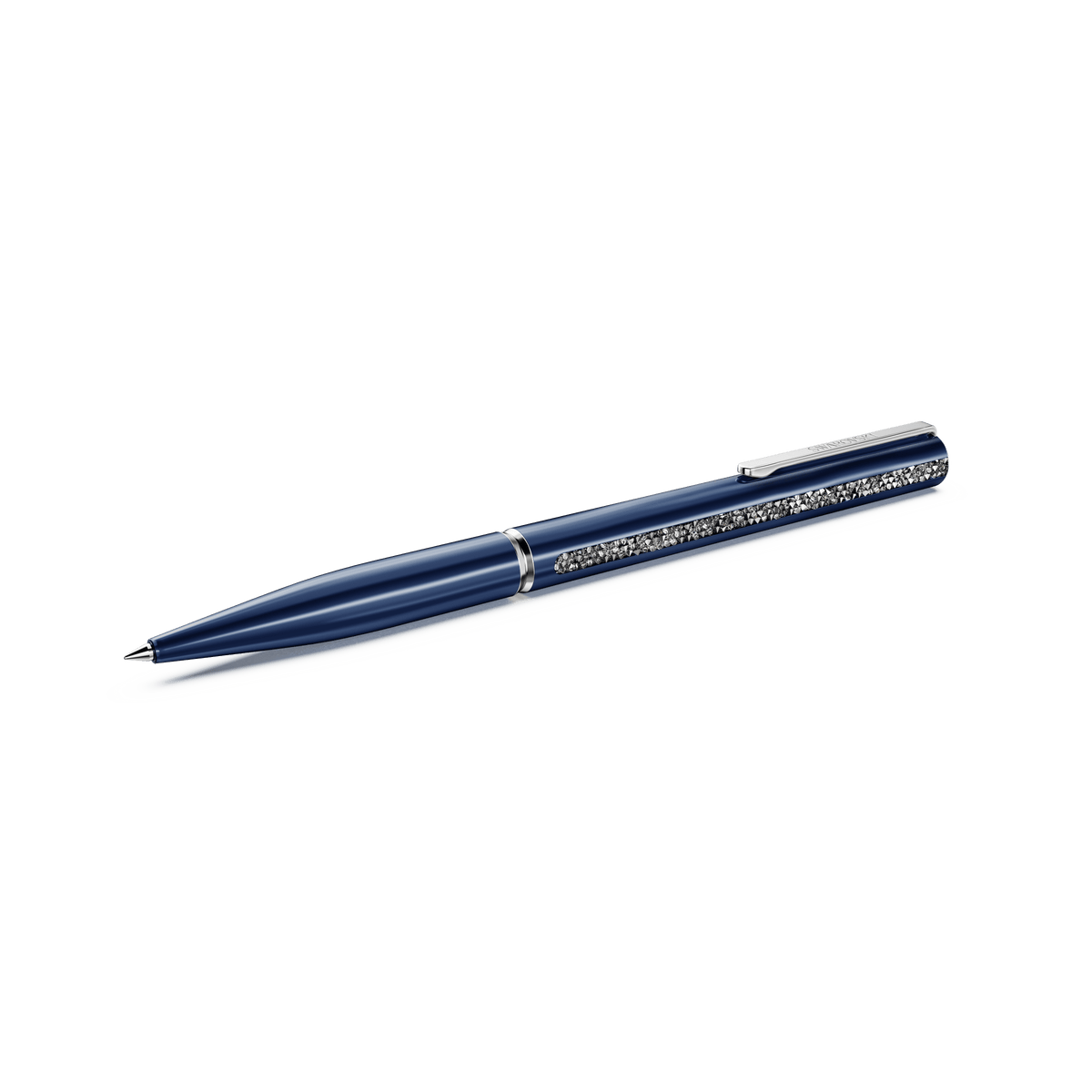 A Swarovski Shimmer ballpoint pen in blue lacquer with chrome-plated accents and a sparkling Swarovski Crystal Rocks pattern on the barrel is displayed against a plain white background.