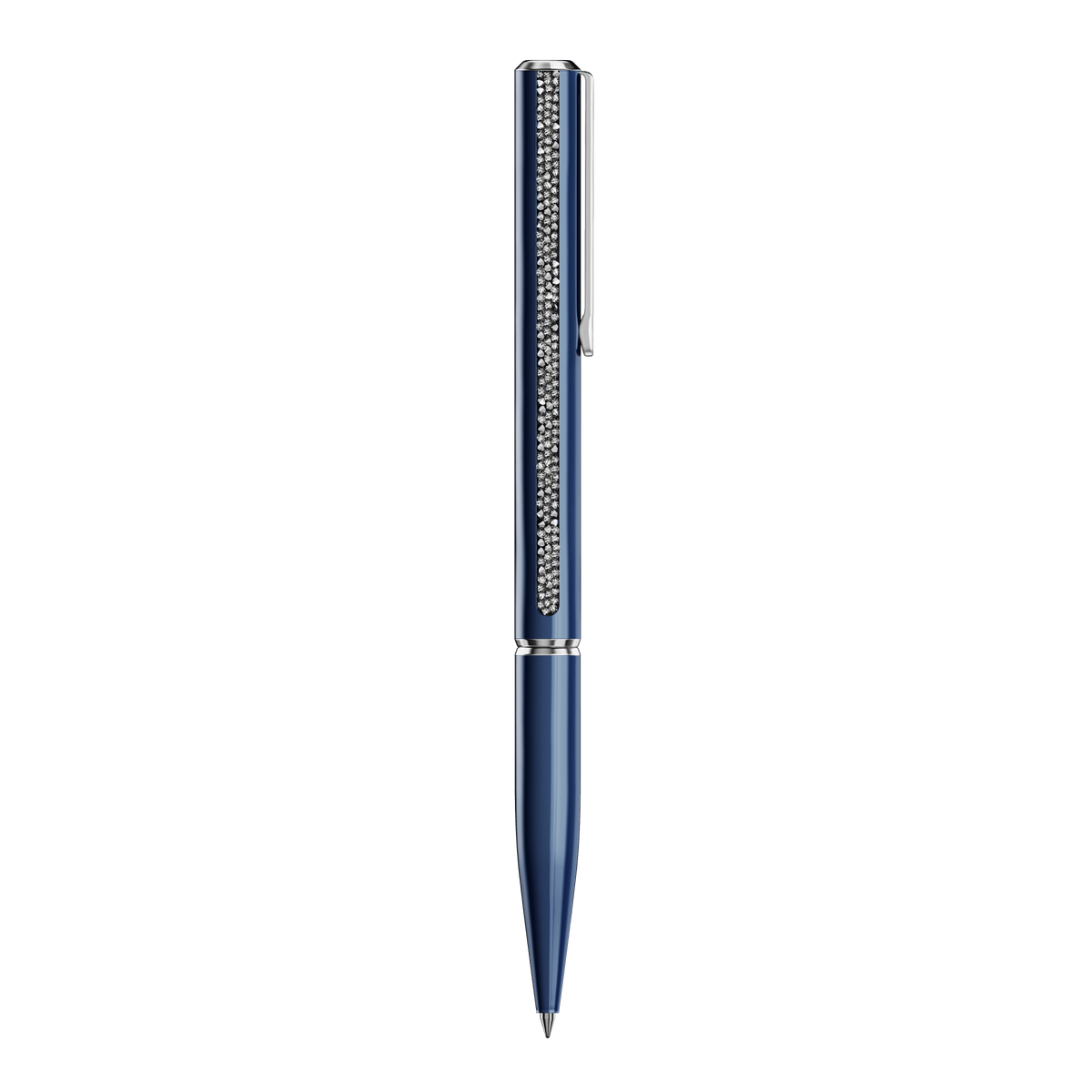 The Swarovski Shimmer ballpoint pen features a blue lacquered barrel accented with chrome plating and an elegant silver pattern along the upper barrel, complemented by a silver clip, and is displayed vertically on a white background.
