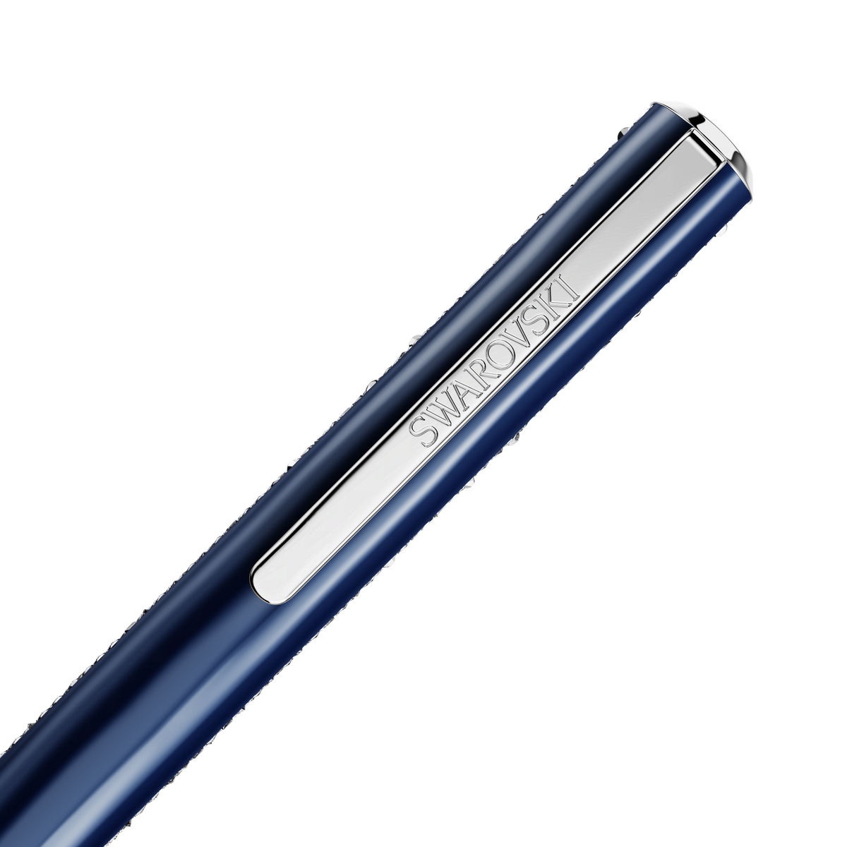 A close-up of the Swarovski Shimmer ballpoint pen in blue, featuring blue lacquered accents and a chrome-plated silver clip engraved with “SWAROVSKI,” displayed against a white background.