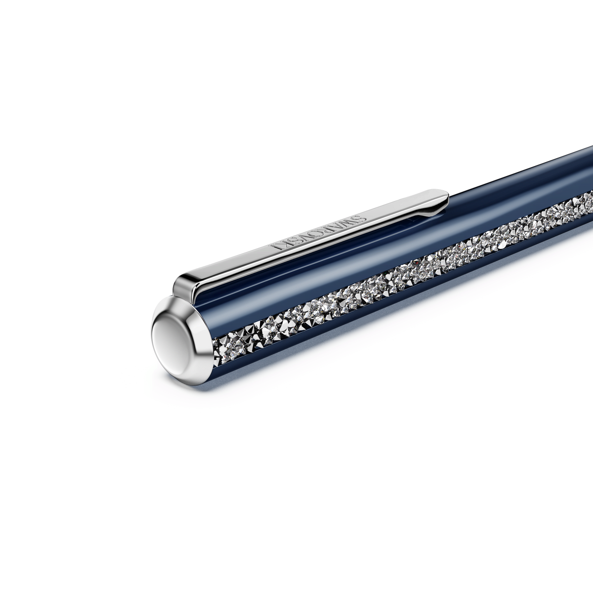A close-up of the Swarovski Shimmer ballpoint pen in blue, featuring a blue lacquered barrel, chrome-plated clip, and a decorative band adorned with sparkling Crystal Rocks.
