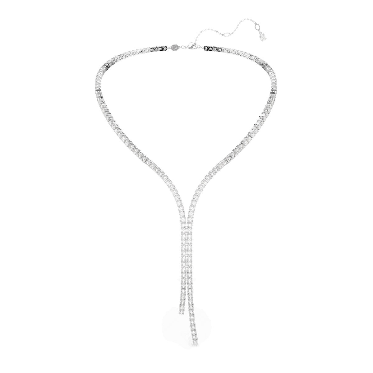 The Swarovski Matrix Y necklace features round-cut white Swarovski Zirconia stones set in rhodium plating, designed with two sparkling rows, an adjustable clasp, and a long, elegant drop silhouette. The piece is photographed against a plain white background.
