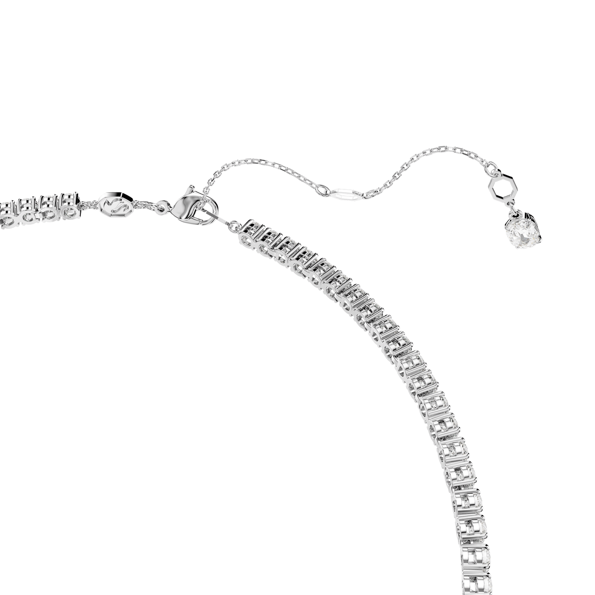 Close-up of a Swarovski Matrix Y necklace crafted in rhodium plating, featuring round-cut white crystals, a lobster clasp, and an adjustable chain ending in a single crystal charm, all set against a white background.
