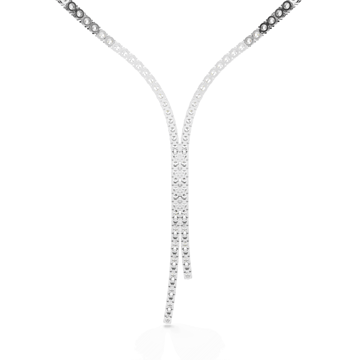 The Swarovski Matrix Y necklace by Swarovski features two strands of round-cut white crystals elegantly draping from the center, set in rhodium-plated metal, showcased against a plain white background.