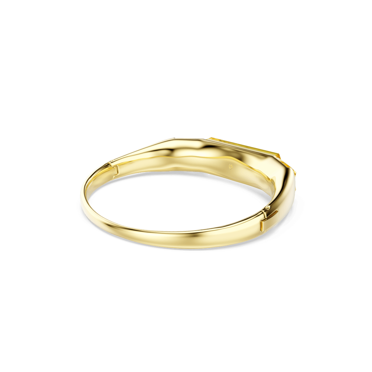 The Swarovski Lucent bangle, in a radiant yellow hue and gold-tone plated finish, features a smooth, polished surface and gently curved shape. Displayed against a plain white background, this bracelet perfectly captures the sophisticated elegance associated with Swarovski Canada.