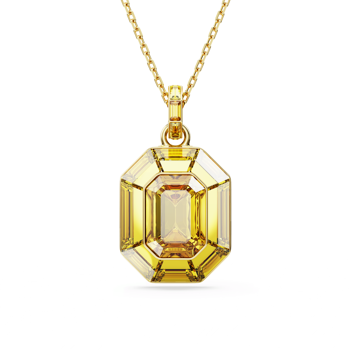 The Swarovski Lucent pendant features an octagon-shaped, emerald-cut yellow gemstone set in a geometric gold-tone plated frame, creating a bold statement piece from Swarovski, showcased against a plain white background.