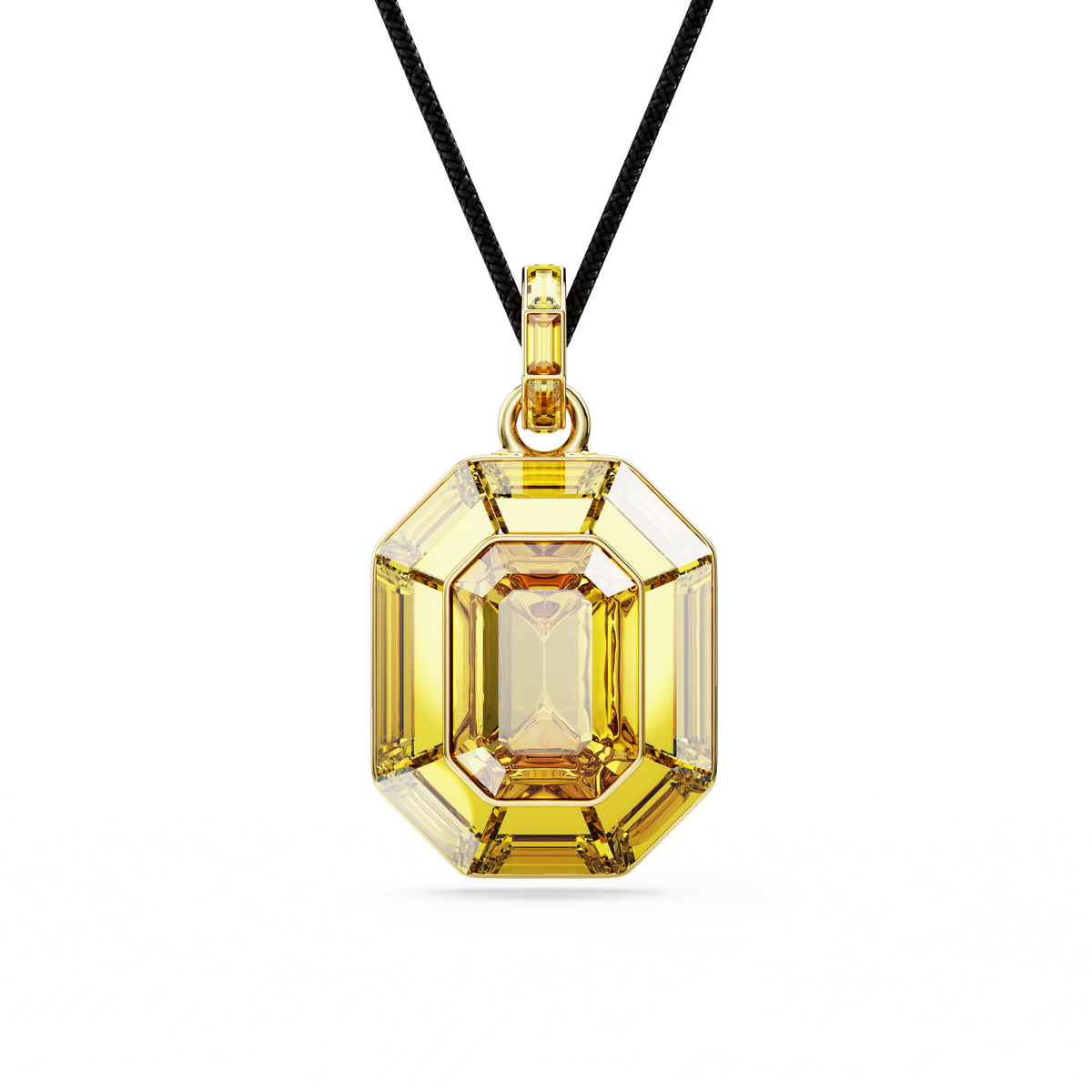 Showcased on a white background, the Swarovski Lucent pendant features an elegant octagon-shaped, emerald-cut yellow crystal set in gold-tone plating and is suspended from a sleek black cord necklace.