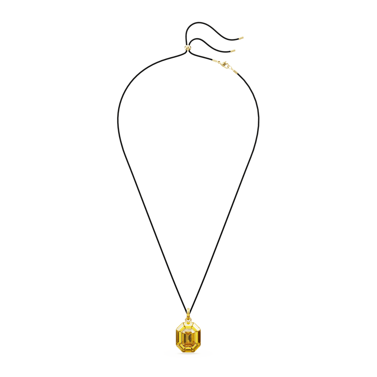 A thin black cord necklace by Swarovski, featuring the Lucent pendant in an octagon shape with a large, faceted yellow crystal set in gold-tone plating, displayed on a plain white background.