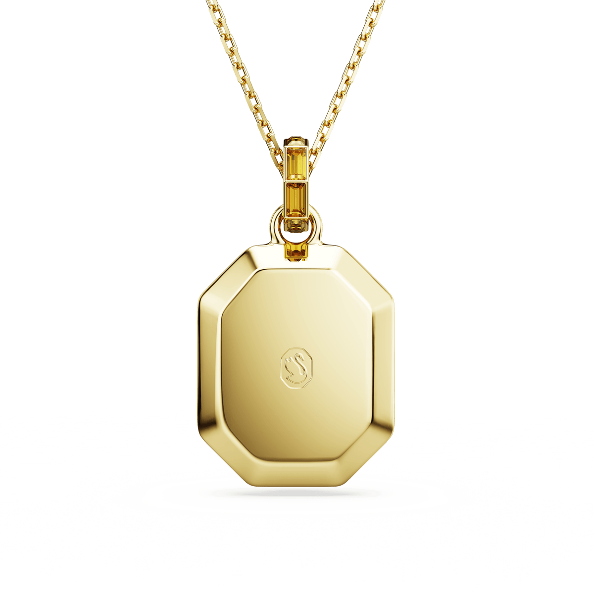Showcased against a plain white background, the Swarovski Lucent Pendant features an octagon-shaped centerpiece in yellow with gold-tone plating, elegantly suspended from a fine gold chain.