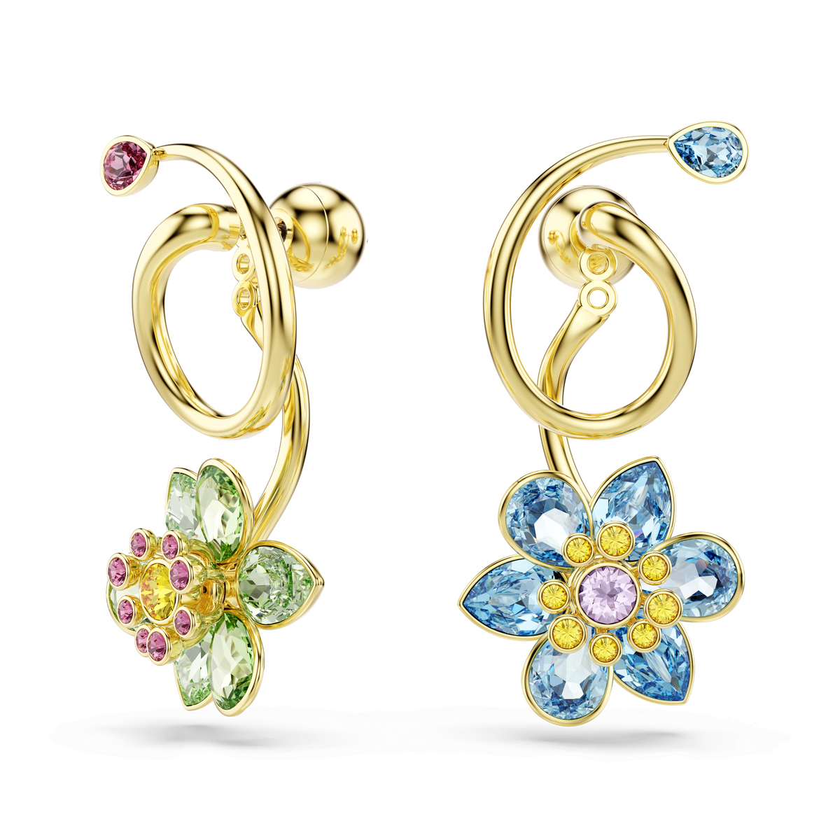 Introducing the Swarovski Idyllia drop earrings—an exquisite pair featuring an asymmetrical floral design, each crafted with an 18K gold finish. These statement earrings showcase mixed-cut, multicolored gemstone petals in blue, green, pink, and yellow hues. Above each delicate flower motif, a sparkling crystal accent enhances the elegantly curved gold-finished stem—making these Swarovski earrings truly captivating.