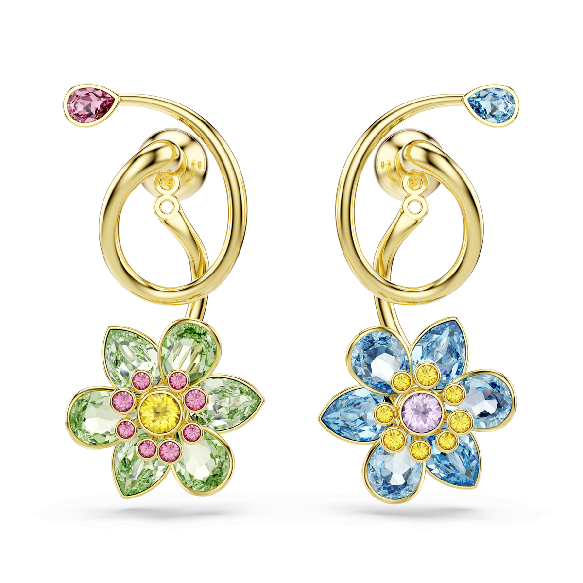 Elevate your style with the Swarovski Idyllia drop earrings, featuring an asymmetrical looped design and delicate flower motifs adorned with mixed-cut multicolored gemstones in shades of green, pink, yellow, and blue. Crafted with an elegant 18K gold finish against a plain white background, these exquisite earrings by Swarovski blend elegance and charm to effortlessly brighten any look.