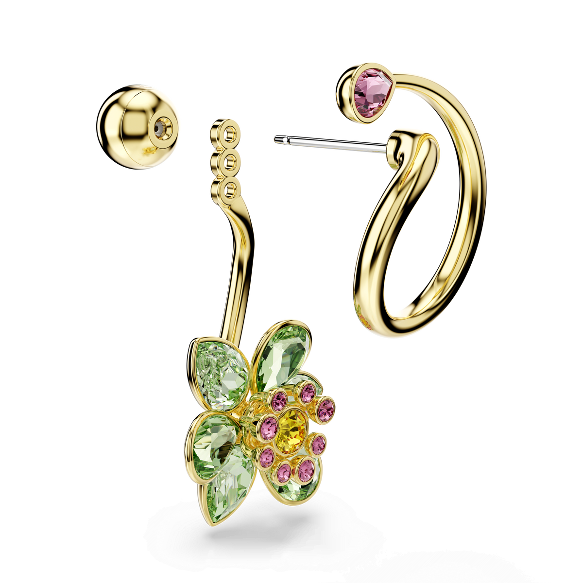Swarovski Idyllia drop earrings: these asymmetrical, 18K gold-finished earrings feature mixed-cut crystals in a multicolored flower design—one displays a delicate pink gem, while the other highlights a green and yellow flower accented with sparkling pink crystals at its center. Both Swarovski crystal earrings are photographed on a plain white background.