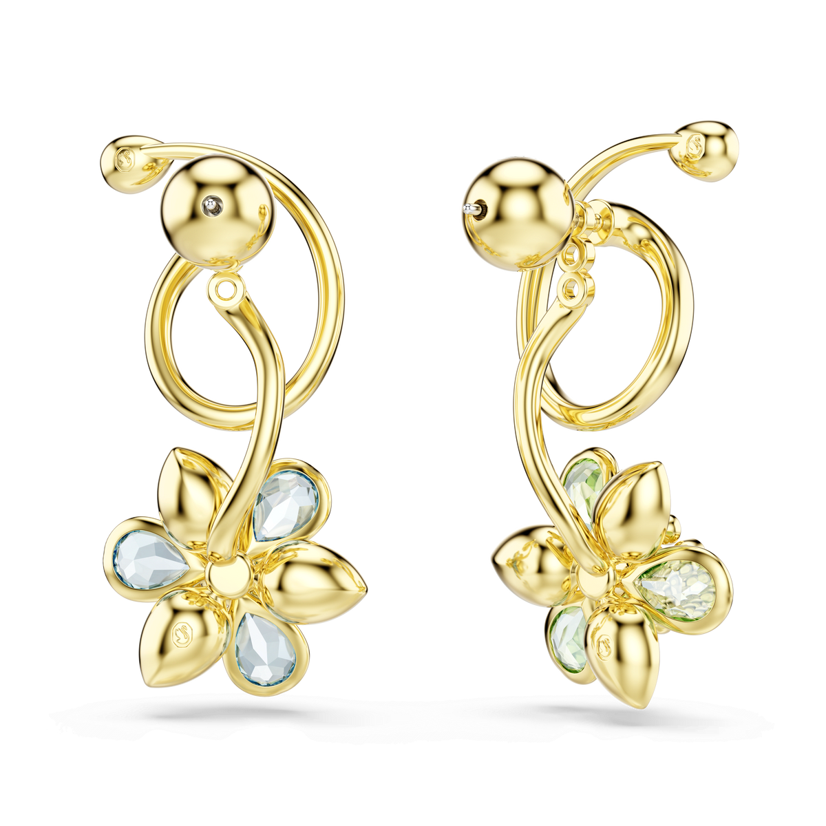 Swarovski Idyllia drop earrings featuring an asymmetrical design with mixed-cut, multicolored flower motifs and an 18K gold finish are displayed on a white background.