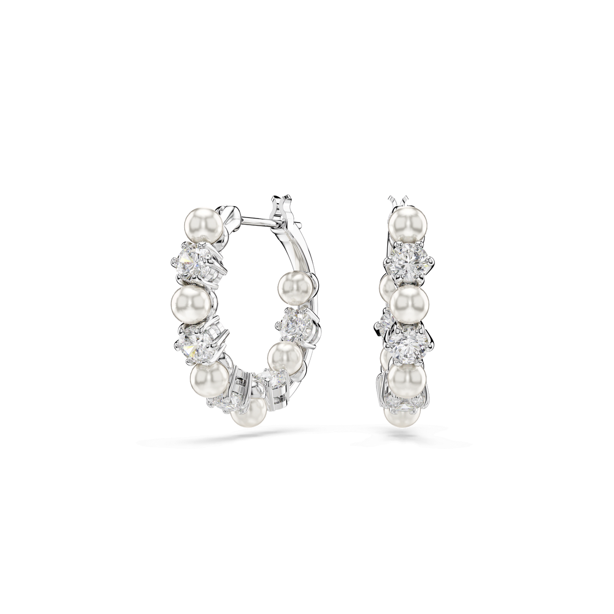 Swarovski Matrix hoop earrings, featuring round-cut Swarovski Zirconia gemstones and white crystal pearls on rhodium plating, are displayed on a plain white background. One earring faces forward while the other is angled to reveal the closure.