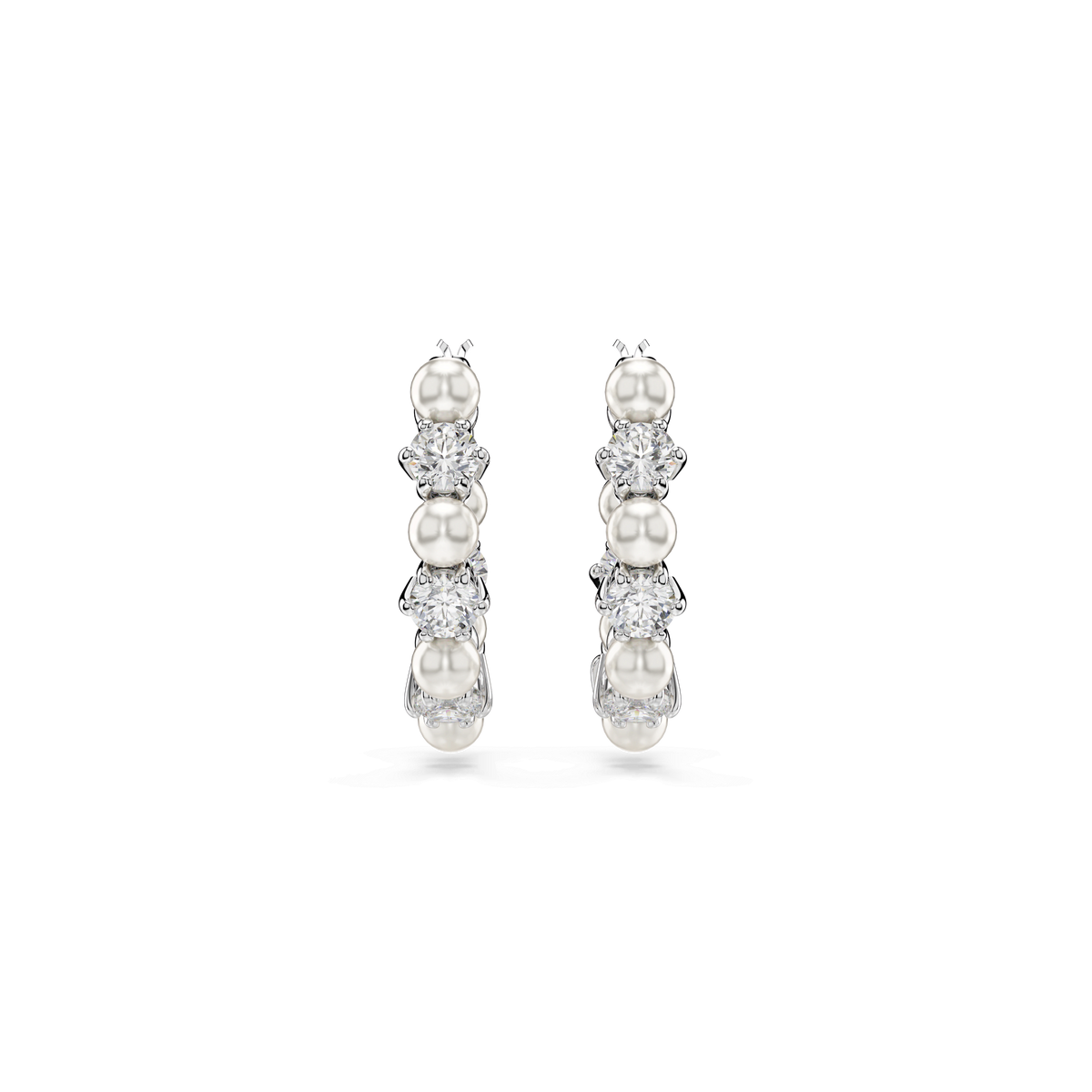 Swarovski Matrix hoop earrings featuring round cut white crystal pearls and sparkling Swarovski Zirconia, rhodium plated, are elegantly displayed against a plain white background.