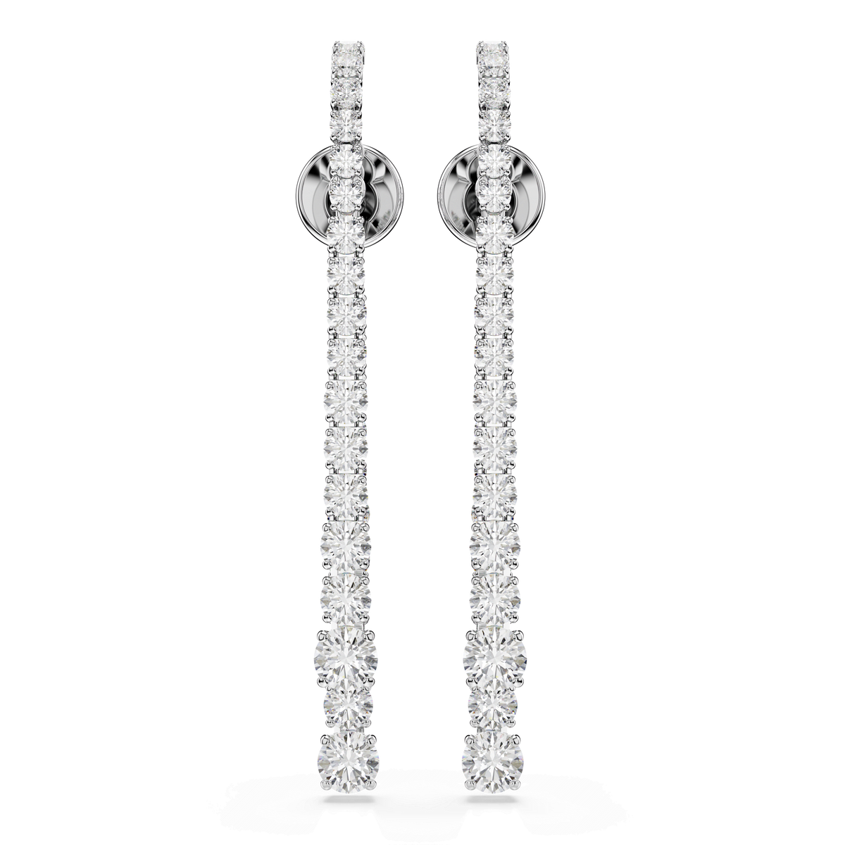 A pair of Swarovski Matrix drop earrings, featuring a gradient of round-cut Swarovski Zirconia set in rhodium-plated silver with post-back closures, displayed against a white background.