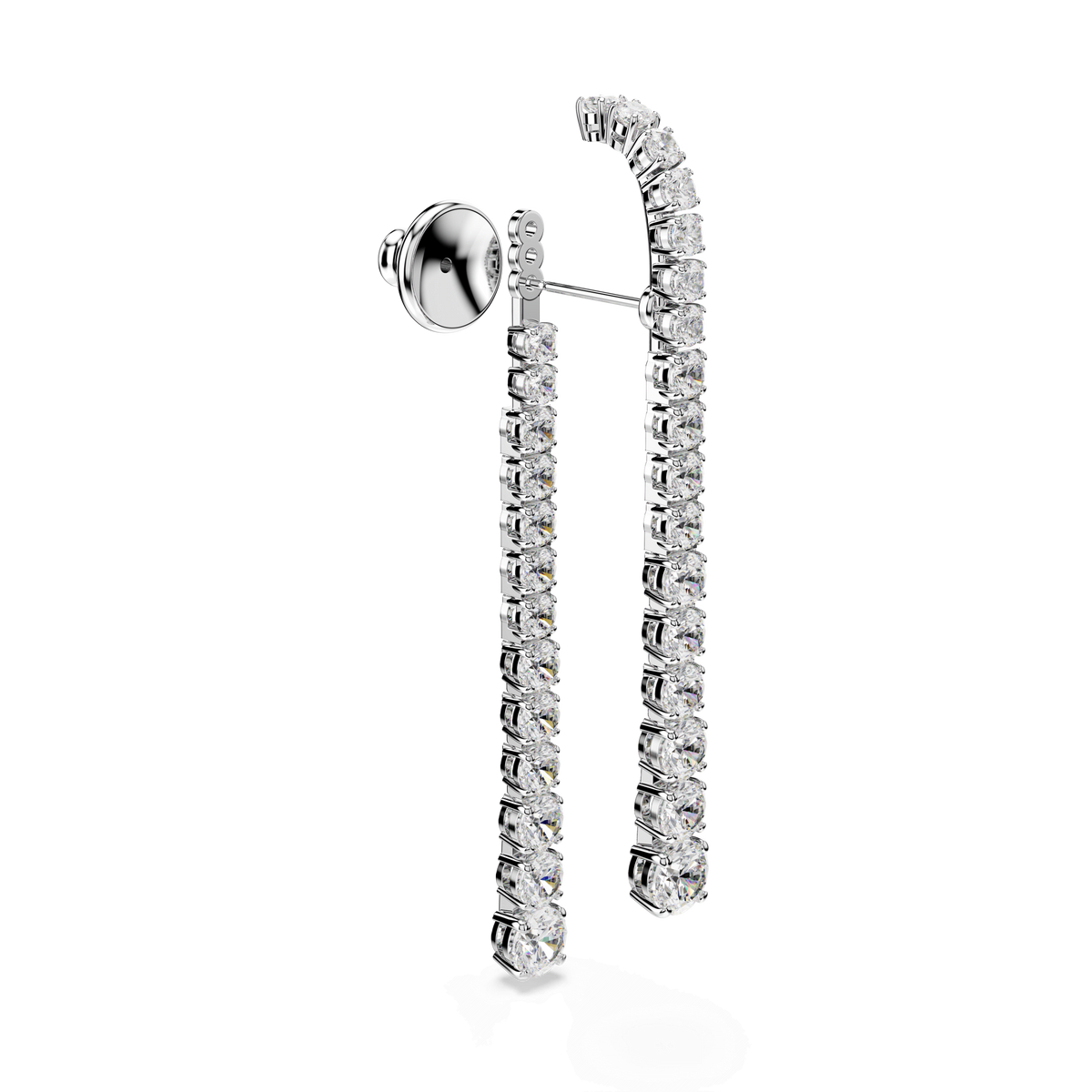 The Swarovski Matrix drop earring, featuring a gradient of round-cut clear Swarovski Zirconia gemstones and finished in rhodium plating, is displayed against a plain white background.