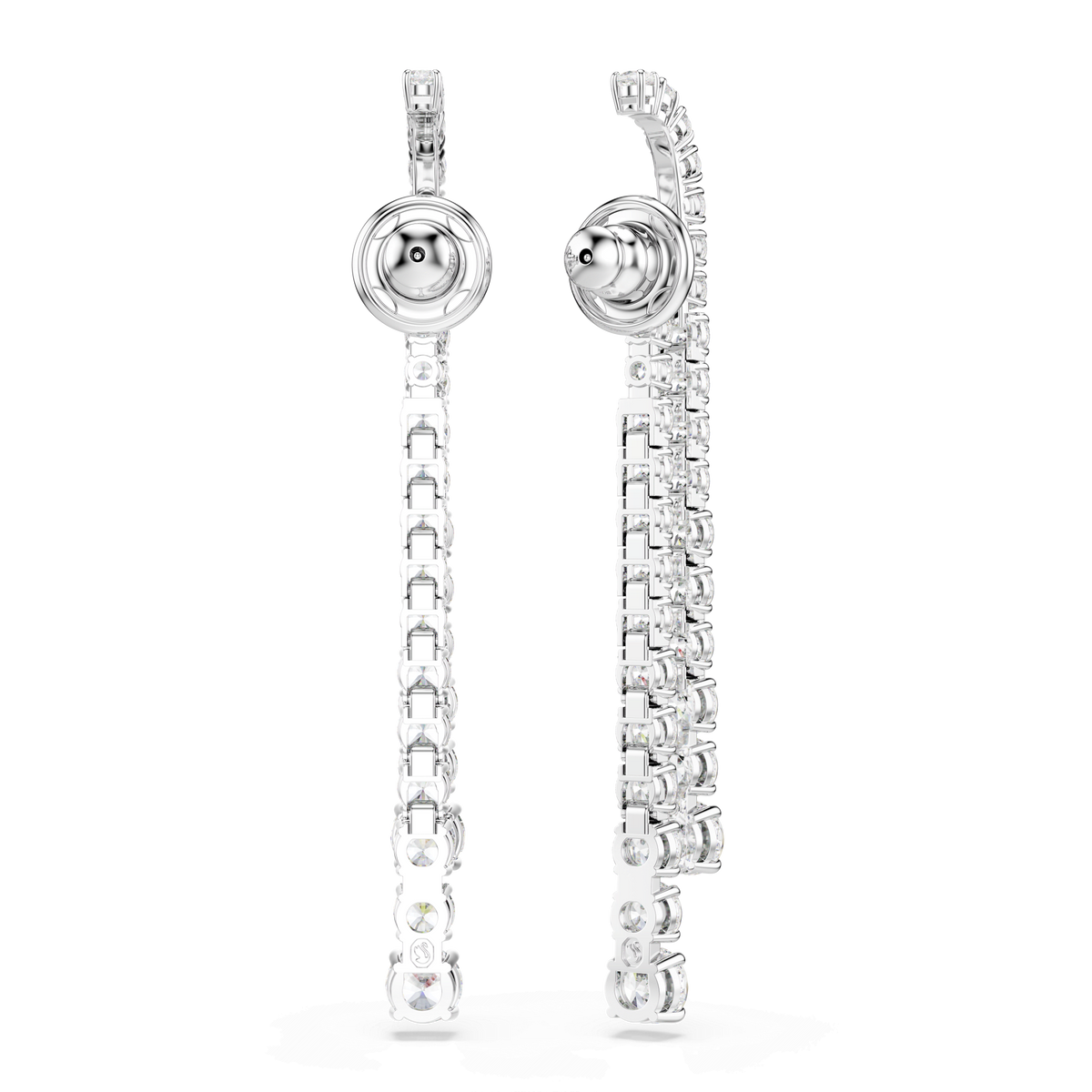 A pair of Swarovski Matrix drop earrings featuring a gradient of round white cuts, rhodium plated for a brilliant finish, is shown from the front and side angles on a white background.