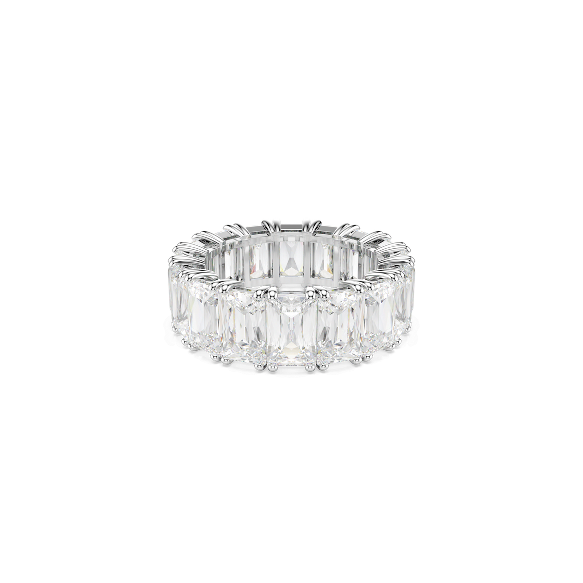 The Swarovski Matrix Vittore ring features large, rectangular baguette-cut clear gemstones set closely together in a continuous sparkling design all around the rhodium-plated band—an elegant piece of jewelry from Swarovski that’s perfect for wearing alone or stacked with other rings.